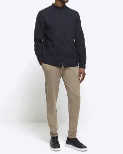 River Island slim fit grandad collar shirt Black Sale