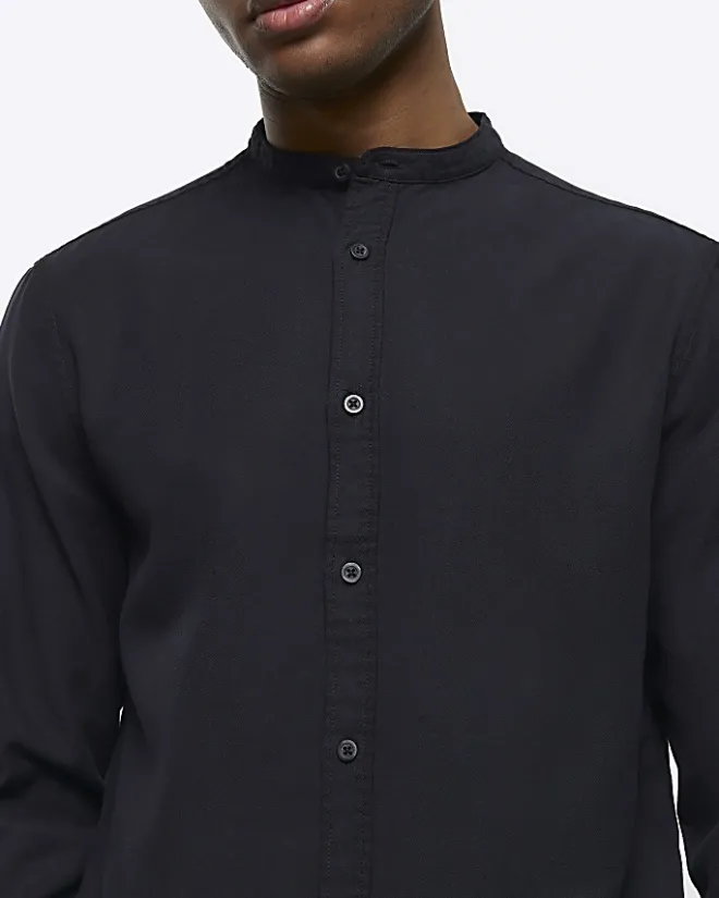 River Island slim fit grandad collar shirt Black Sale