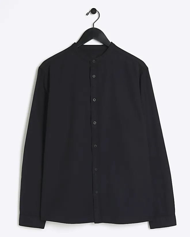 River Island slim fit grandad collar shirt Black Sale