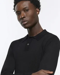 River Island slim fit knitted long sleeve polo Black Hot