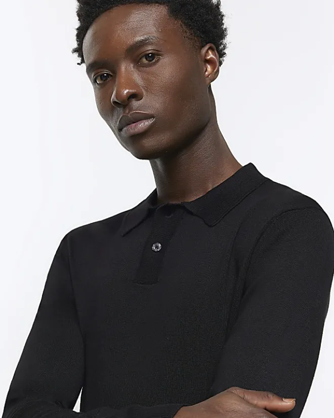 River Island slim fit knitted long sleeve polo Black Hot