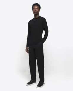River Island slim fit knitted long sleeve polo Black Hot
