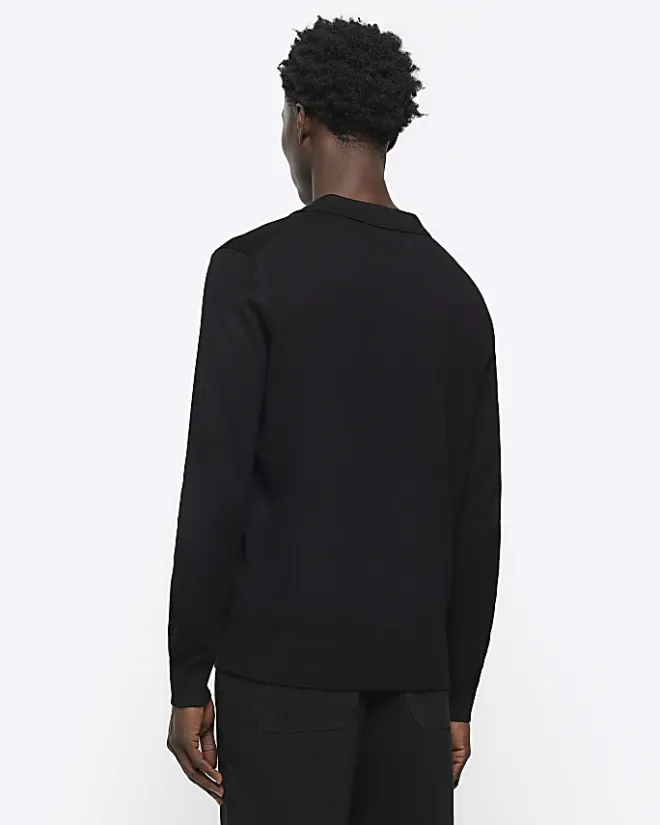River Island slim fit knitted long sleeve polo Black Hot