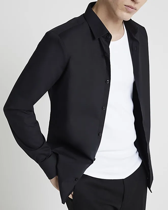 River Island slim fit long sleeve shirt Black Sale
