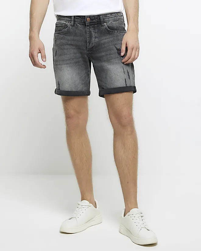 River Island slim fit ripped denim shorts Black Clearance