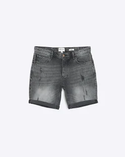 River Island slim fit ripped denim shorts Black Clearance