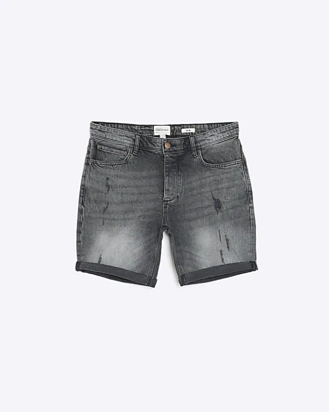 River Island slim fit ripped denim shorts Black Clearance