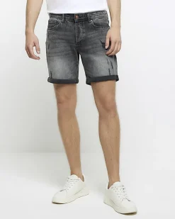 River Island slim fit ripped denim shorts Black Clearance