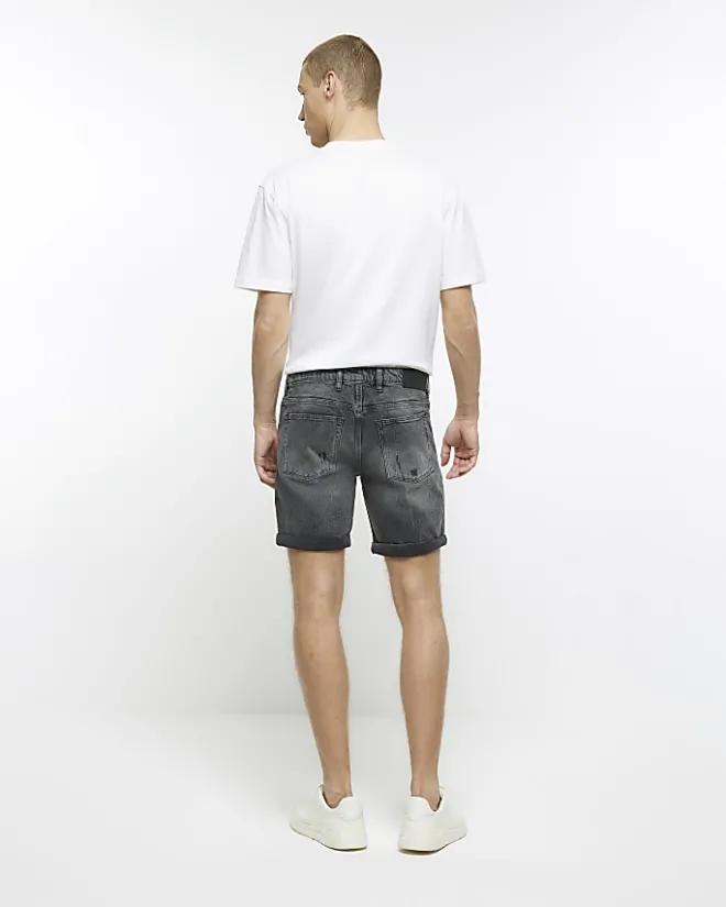 River Island slim fit ripped denim shorts Black Clearance