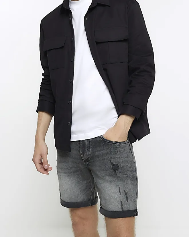 River Island slim fit ripped denim shorts Black Clearance