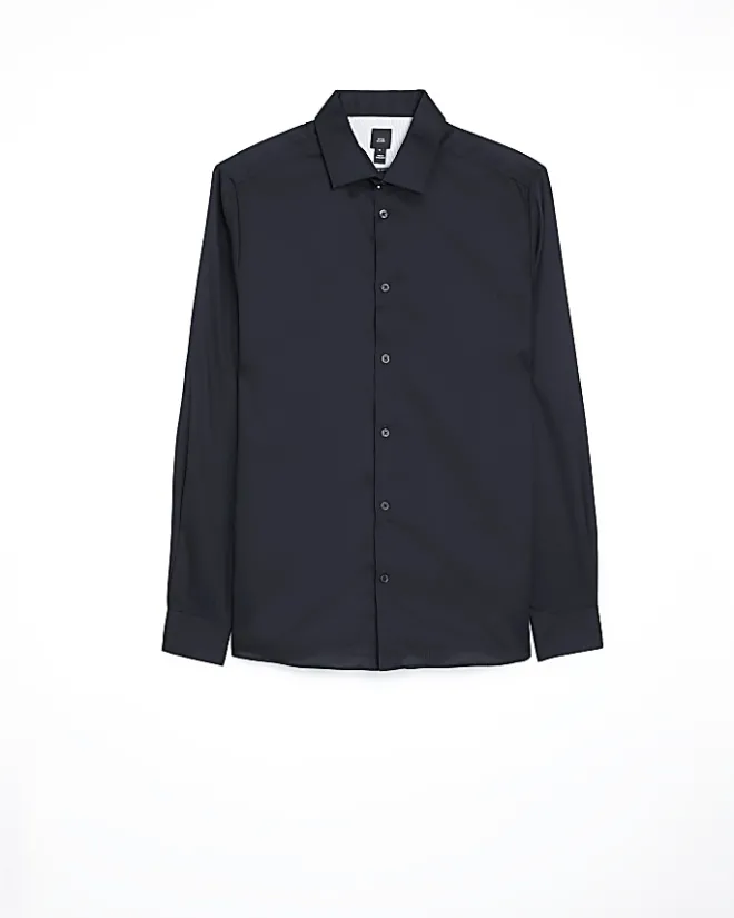 River Island slim fit sateen long sleeve shirt Black Online
