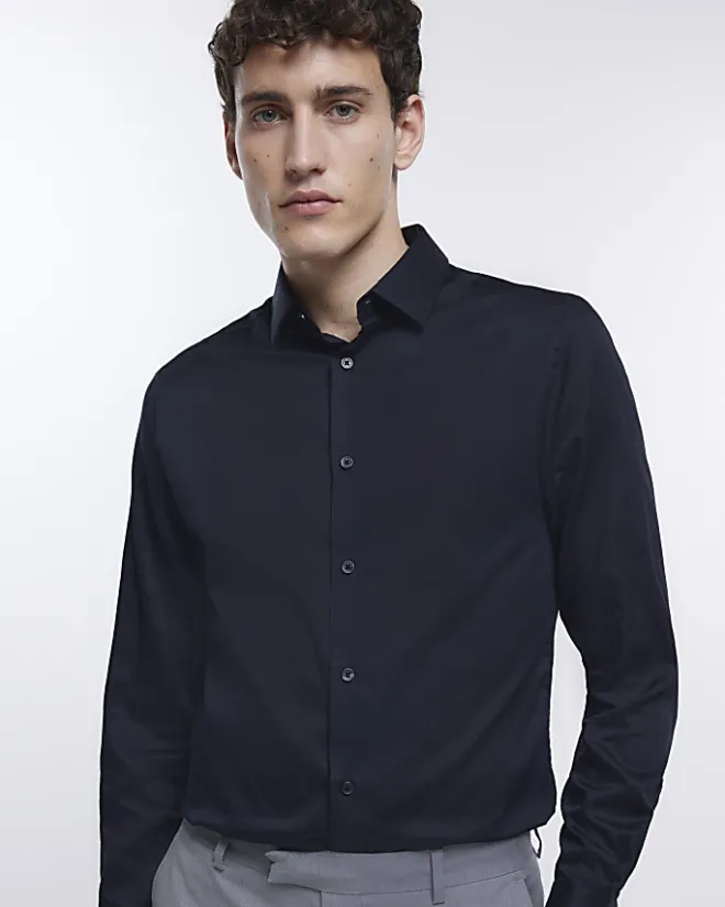 River Island slim fit sateen long sleeve shirt Black Online