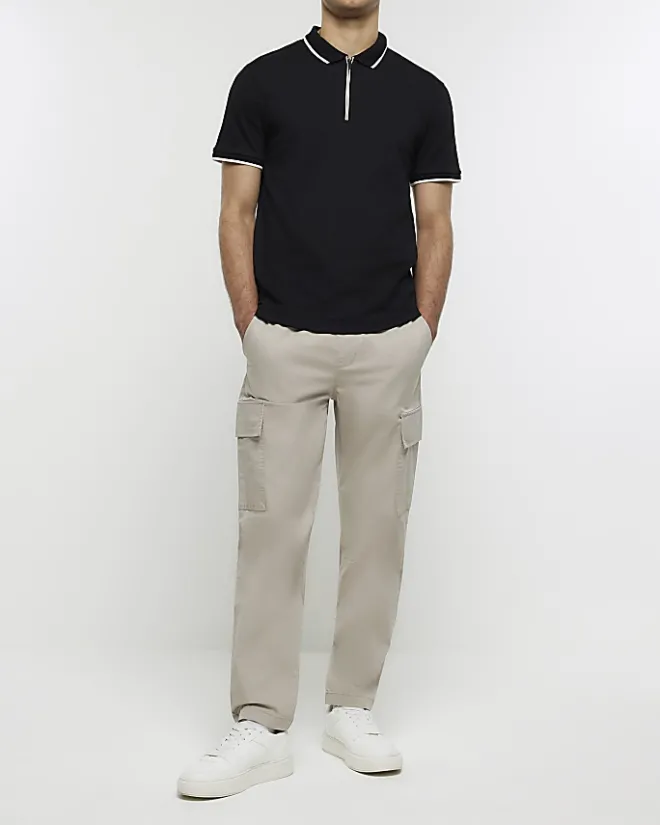 River Island slim fit taped collar polo Black Hot