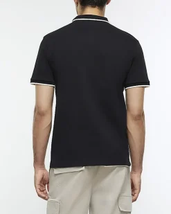 River Island slim fit taped collar polo Black Hot
