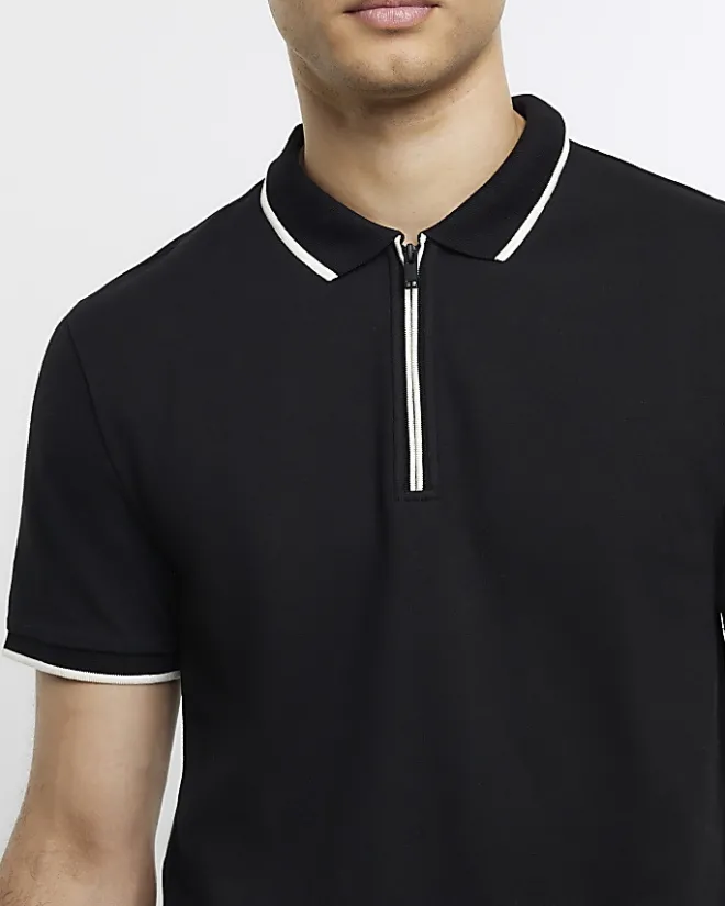 River Island slim fit taped collar polo Black Hot