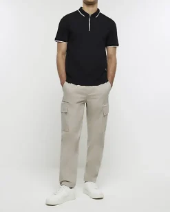 River Island slim fit taped collar polo Black Hot