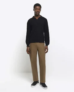 River Island slim fit textured knit long sleeve polo Black Discount