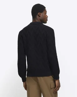 River Island slim fit textured knit long sleeve polo Black Discount