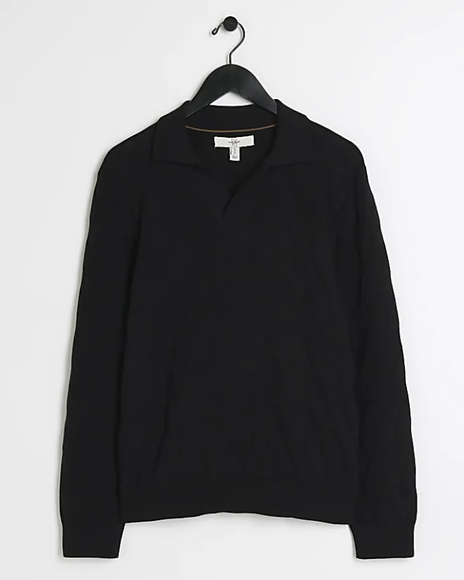River Island slim fit textured knit long sleeve polo Black Discount