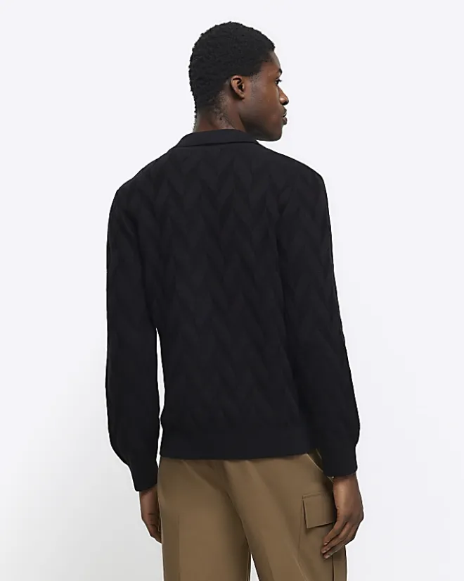 River Island slim fit textured knit long sleeve polo Black Discount