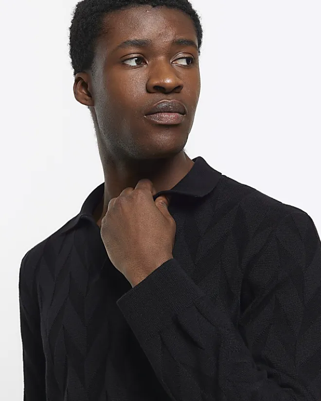 River Island slim fit textured knit long sleeve polo Black Discount