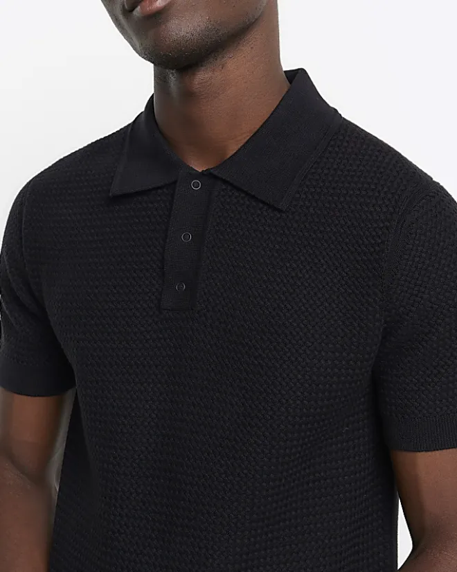 River Island slim fit textured knitted polo shirt Black Clearance