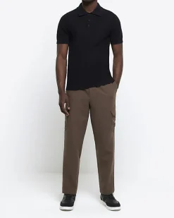 River Island slim fit textured knitted polo shirt Black Clearance