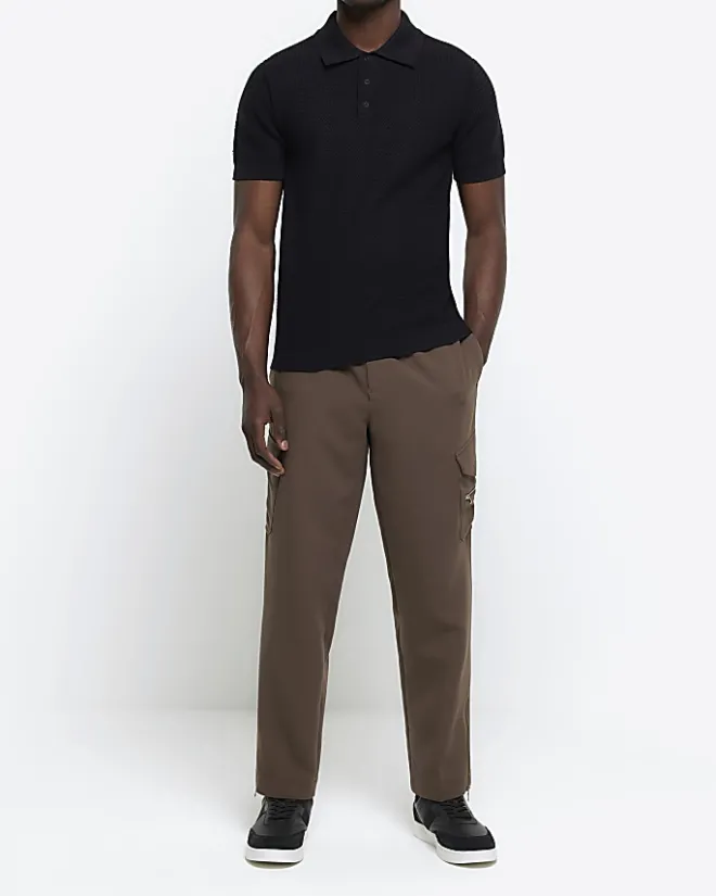 River Island slim fit textured knitted polo shirt Black Clearance