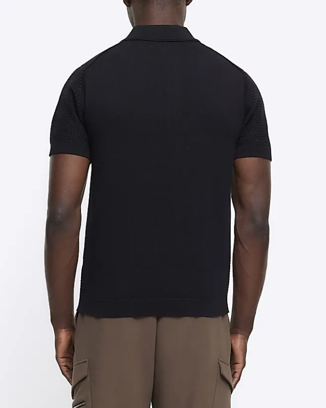 River Island slim fit textured knitted polo shirt Black Clearance