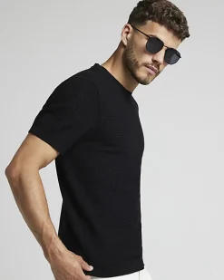 River Island slim fit textured knit t-shirt Black Online