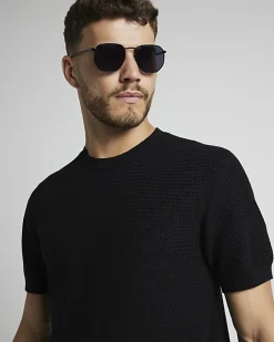 River Island slim fit textured knit t-shirt Black Online