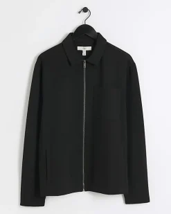 River Island slim fit textured zip up sweatshirt Black Fashion