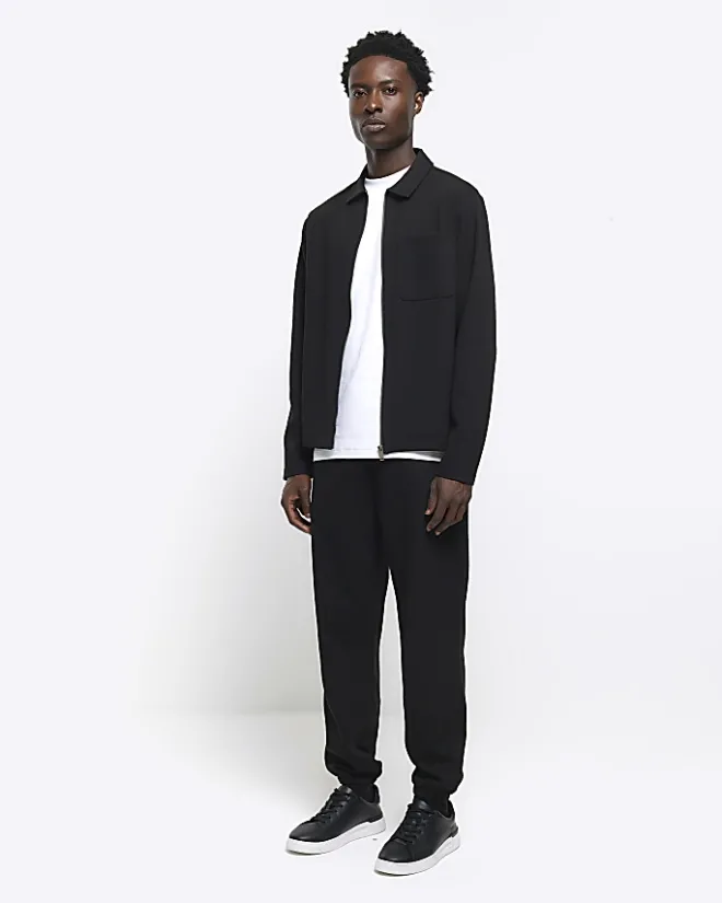 River Island slim fit textured zip up sweatshirt Black Fashion