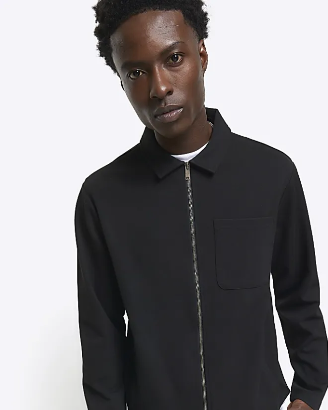 River Island slim fit textured zip up sweatshirt Black Fashion