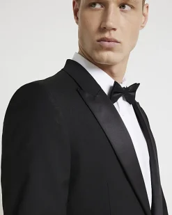 River Island slim fit tuxedo suit jacket Black Clearance