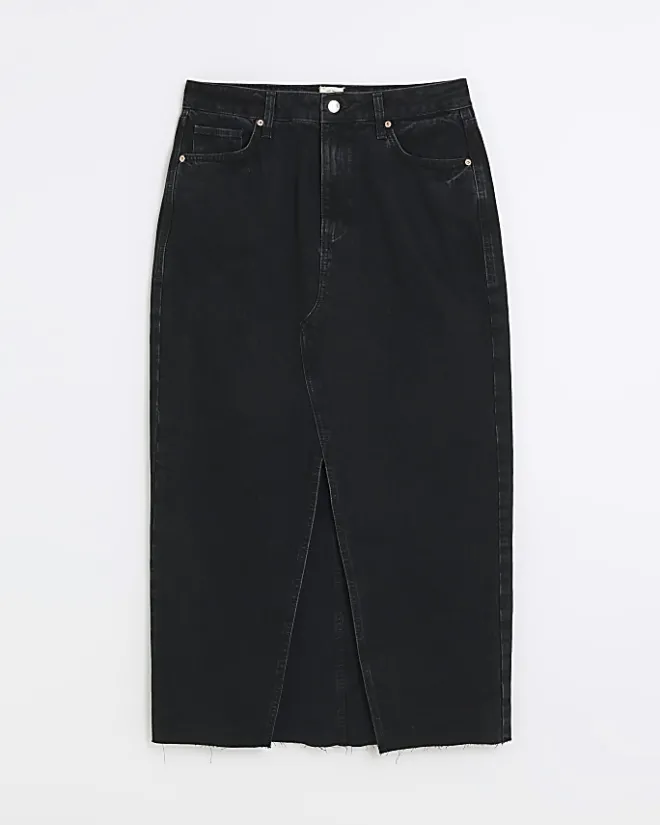 River Island split front denim midi skirt Black Sale