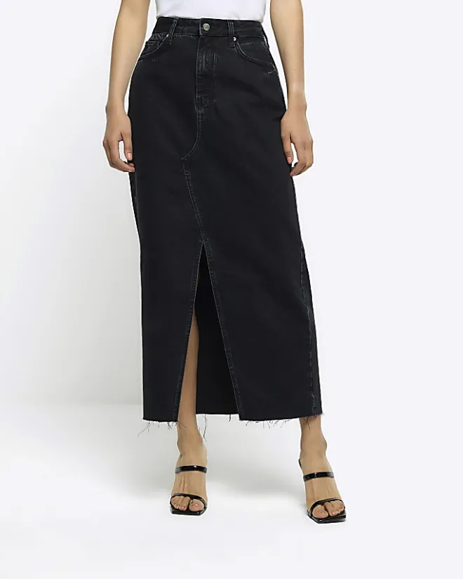 River Island split front denim midi skirt Black Sale