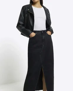 River Island split front denim midi skirt Black Sale