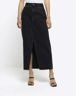 River Island split front denim midi skirt Black Sale