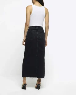 River Island split front denim midi skirt Black Sale