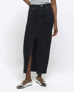 River Island split hem denim maxi skirt Black Discount