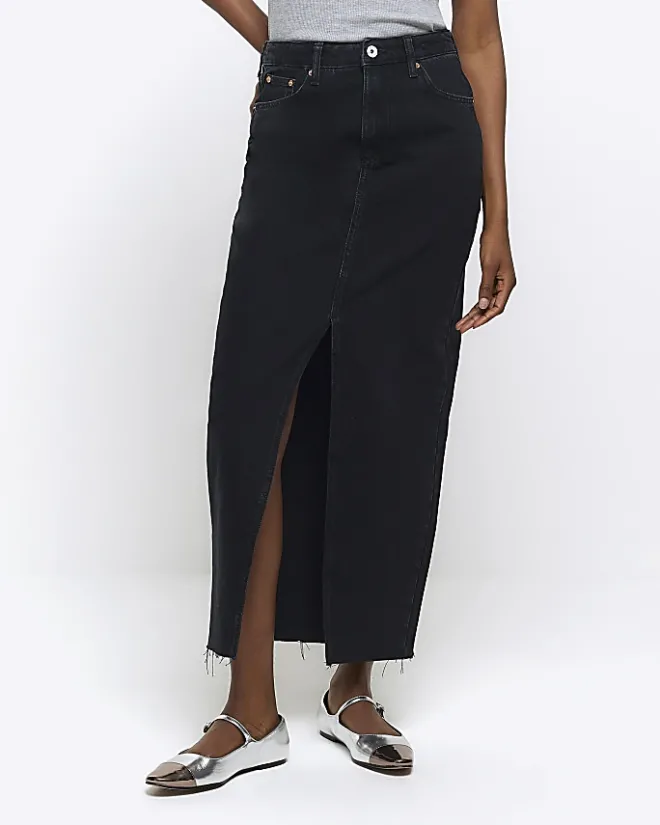 River Island split hem denim maxi skirt Black Discount
