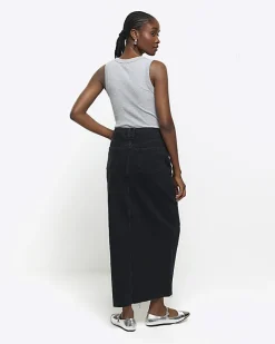 River Island split hem denim maxi skirt Black Discount