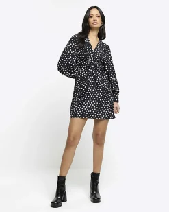 River Island spot knot detail swing mini dress Black Fashion