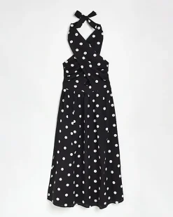 River Island spot linen halter neck midi dress Black New