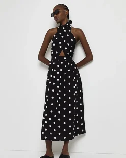 River Island spot linen halter neck midi dress Black New