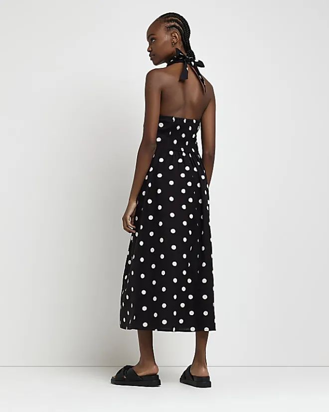 River Island spot linen halter neck midi dress Black New