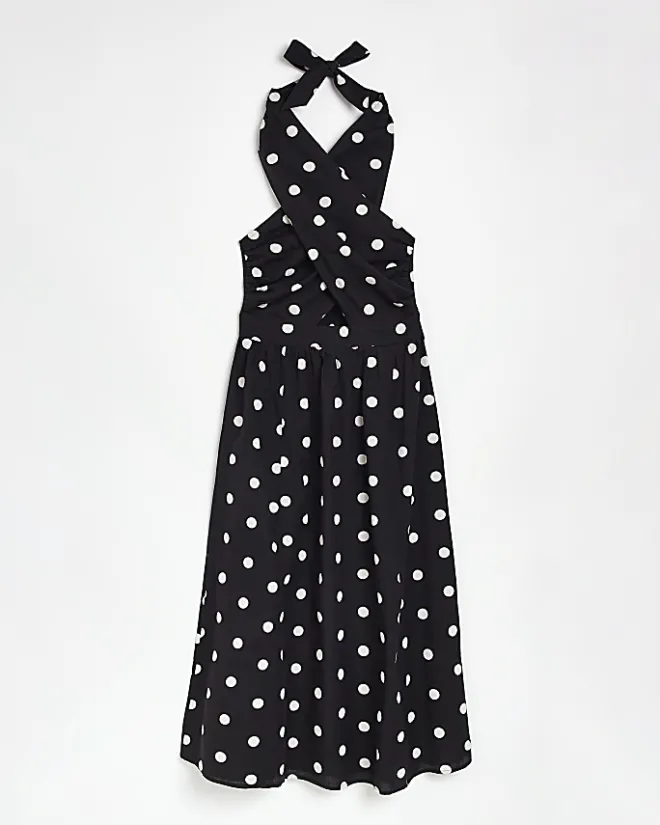 River Island spot linen halter neck midi dress Black New