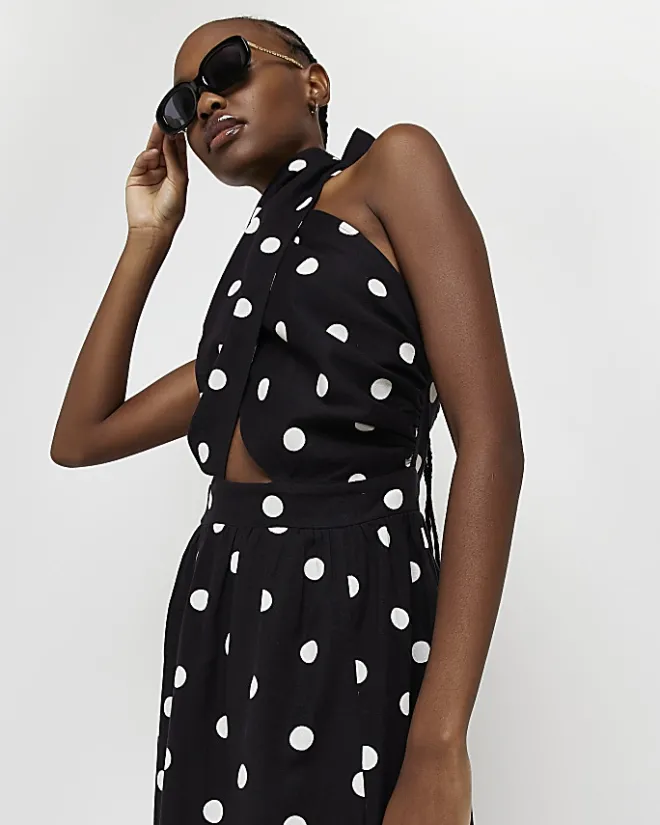 River Island spot linen halter neck midi dress Black New