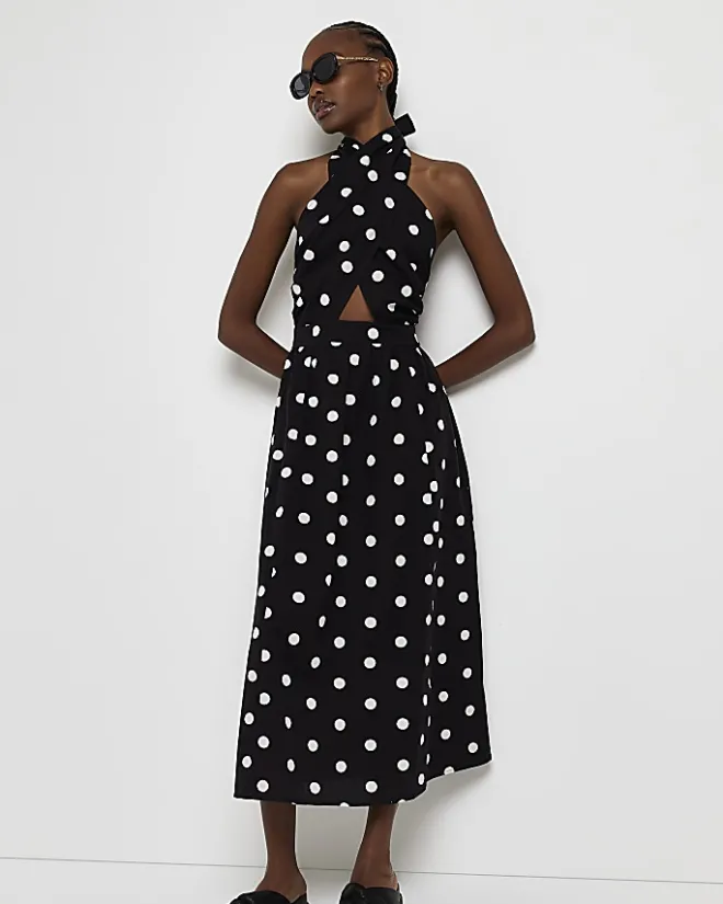 River Island spot linen halter neck midi dress Black New